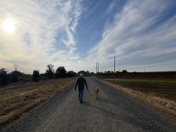 Rear view of dog walking on road against sky