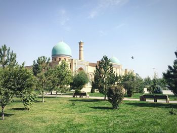 Trees and mosque against sky