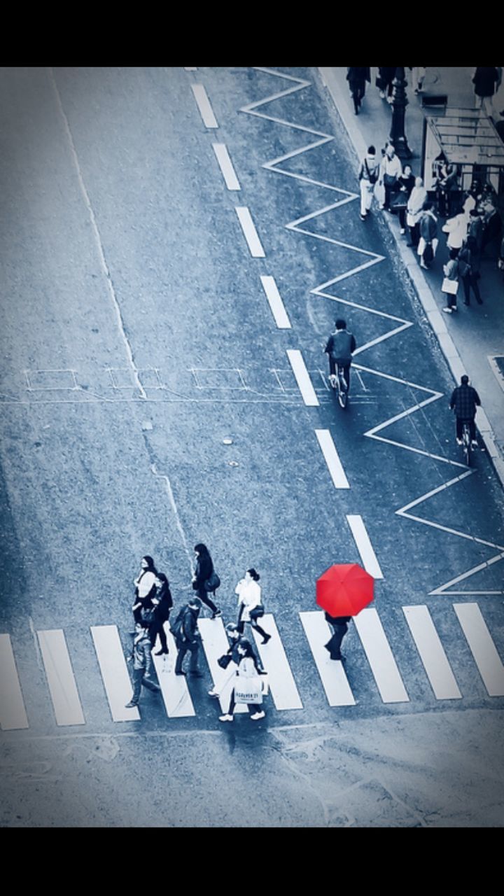 large group of people, men, lifestyles, high angle view, person, street, leisure activity, road marking, walking, city life, transportation, zebra crossing, shadow, road, auto post production filter, transfer print, mixed age range, day, sunlight