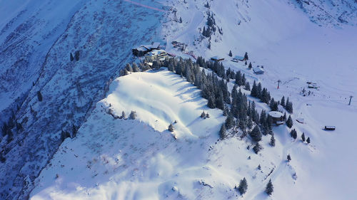 High angle view of snow covered field