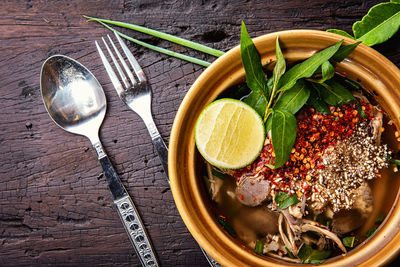 High angle view of food in bowl on table