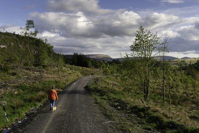 Rear view of people walking on road against sky