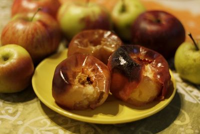 High angle view of fruits in plate on table