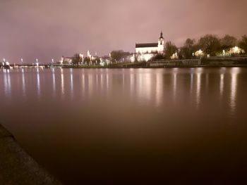 Reflection of illuminated city in water at night