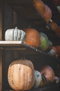 Close-up of pumpkins for sale at market stall