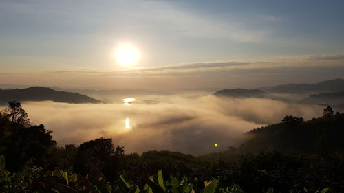 Scenic view of mountains against sky during sunset