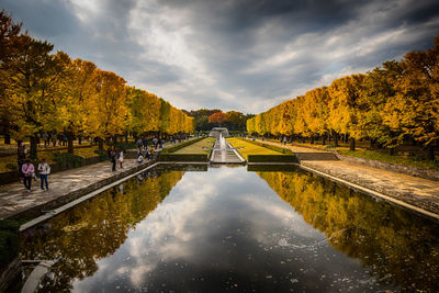 Autumn trees reflecting in pool at park