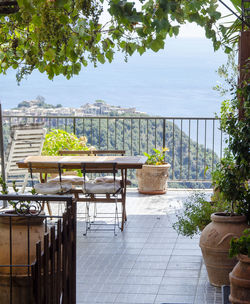 Potted plants on table by balcony against sky