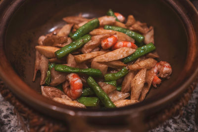 High angle view of noodles in bowl on table