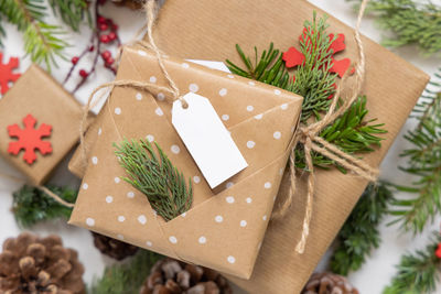 High angle view of christmas decoration on table