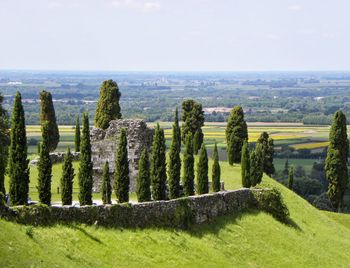 Panoramic shot of agricultural field against sky