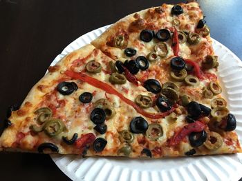 High angle view of pizza slices in plate