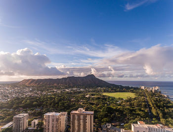 Aerial view of city against cloudy sky