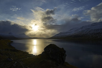 Scenic view of lake against sky during sunset