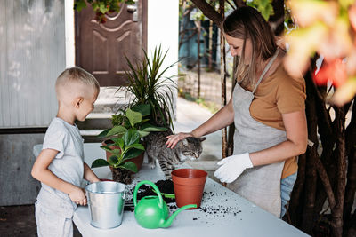 Family mom son and cat planting flowers together. spring houseplant care, repotting houseplants