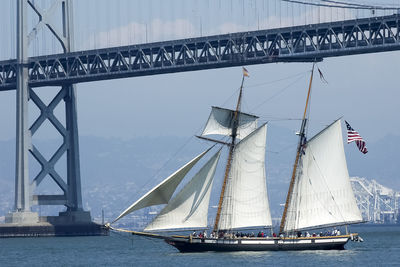 Sailboat sailing on sea against sky under the golden bridge at san francisco, usa