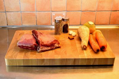 Close-up of ingredients on cutting board in kitchen