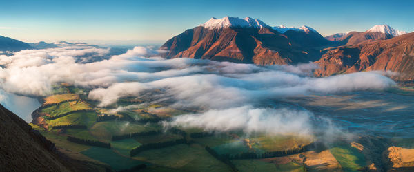 Panoramic view of snowcapped mountains against sky