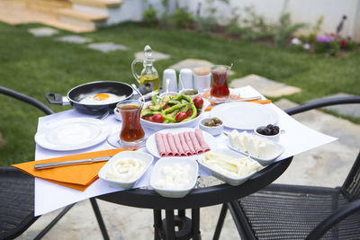 High angle view of food served on table