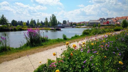 Scenic view of river against cloudy sky