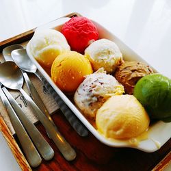 Close-up high angle view of colorful ice cream scoops in bowl on table