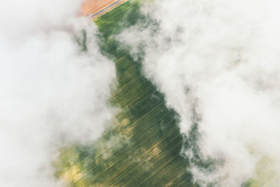 Immaculate white clouds over the green fields . flying high clouds