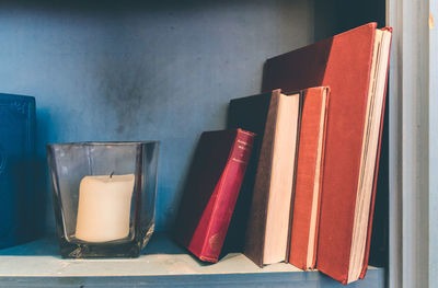 Close-up of book on shelf