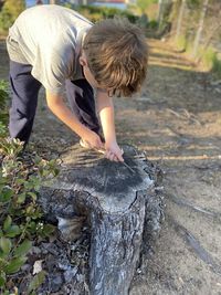 Boy standing on tree stump in forest