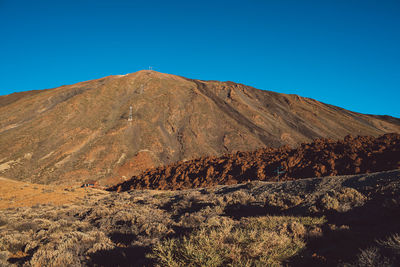 Scenic view of arid landscape against clear blue sky