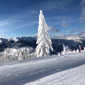 Snow covered landscape against sky