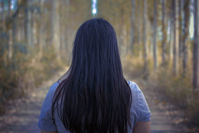 Rear view of woman with long hair standing against trees in forest
