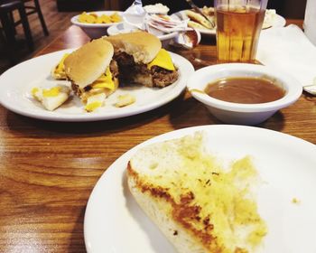 High angle view of breakfast served on table