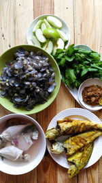 High angle view of salad in bowl on table