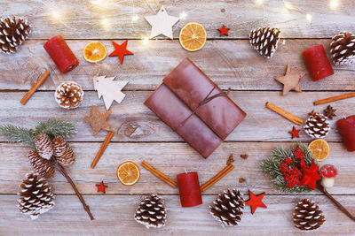 High angle view of christmas decoration on table