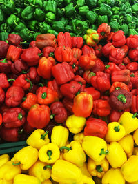 Full frame shot of red bell peppers for sale at market stall
