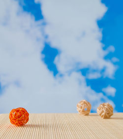 Close-up of cookies on table against blue background