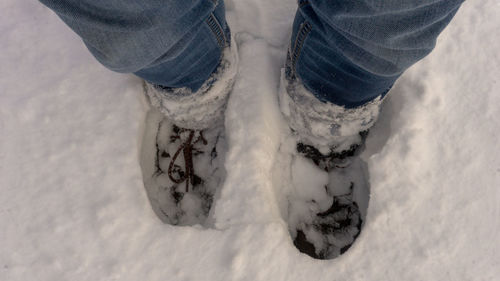 Low section of person standing on snow