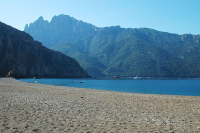 Scenic view of sea against clear blue sky