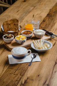 High angle view of breakfast on table