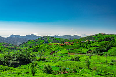 Green mountains with bright blue sky at morning