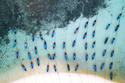 Aerial view of boats moored at beach