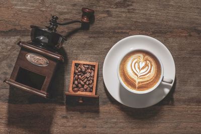 High angle view of cappuccino on table