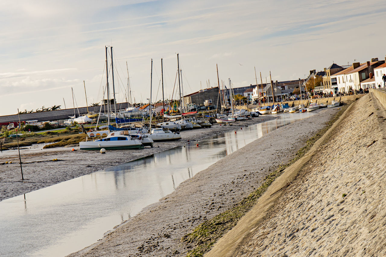 SAILBOATS MOORED AT HARBOR AGAINST SKY