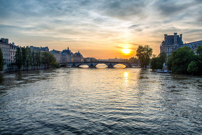 View of city at waterfront during sunset