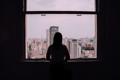 Rear view of woman looking at cityscape through window