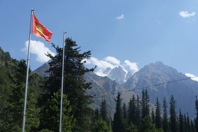 Flag of kyrgyzstan by trees against mountains