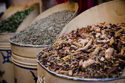 Natural selection of colorful spices and ingredients in morocco marakech market