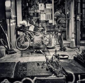 Bicycles on sidewalk in city