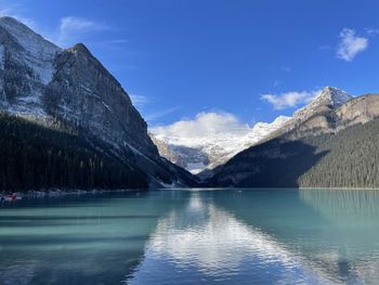 Scenic view of lake and mountains against blue sky