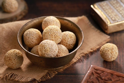 High angle view of cookies in bowl on table